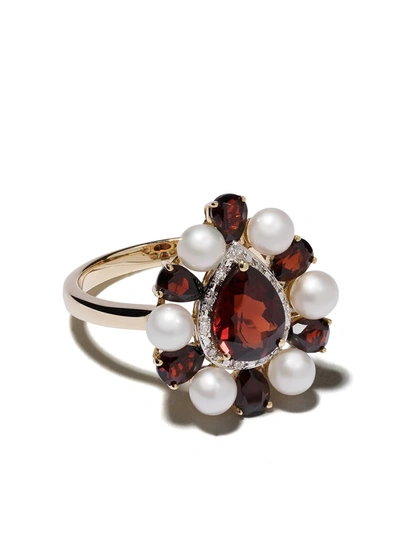 Anissa Kermiche 14kt Yellow Gold Woman In Red Garnet, Pearl And Diamond Ring