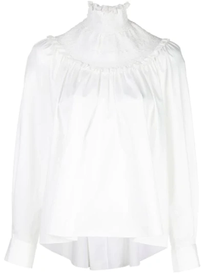 Adam Lippes Smocked Neck Blouse In White