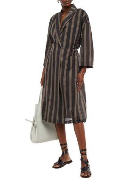 Brunello Cucinelli Bead-embellished Striped Cotton And Silk-blend Wrap Dress In Black