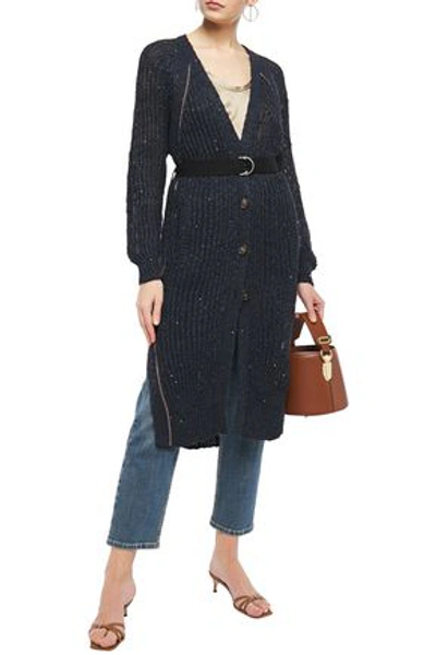 Brunello Cucinelli Embellished Open-knit Cardigan In Navy