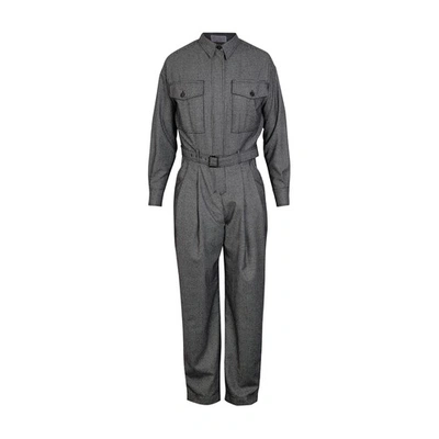 Brunello Cucinelli Double-breasted Belted Pinstriped Wool Jumpsuit In Grey