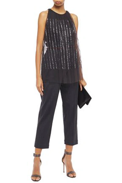 Brunello Cucinelli Gathered Sequin-embellished Tulle Blouse In Charcoal