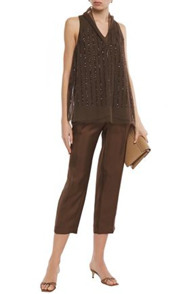 Brunello Cucinelli Cropped Silk-faille Tapered Pants In Chocolate