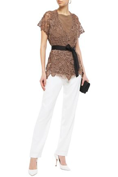Brunello Cucinelli Layered Bead-embellished Crepe De Chine And Crocheted Top In Light Brown