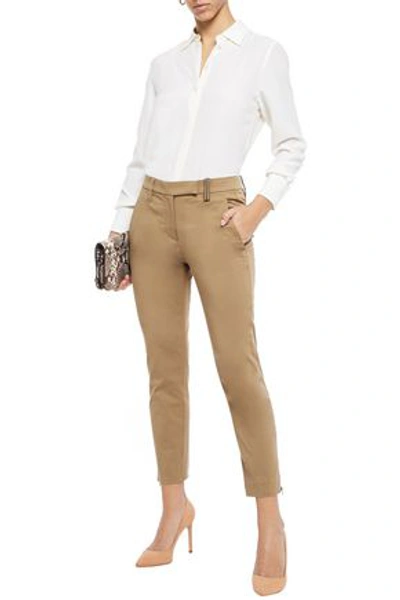 Brunello Cucinelli Cropped Bead-embellished Cotton-blend Twill Slim-leg Pants In Sand