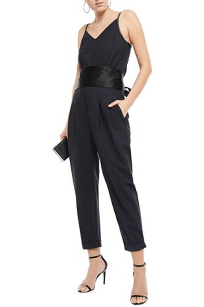 Brunello Cucinelli Belted Pleated Satin-trimmed Bead-embellished Wool-blend Jumpsuit In Midnight Blue