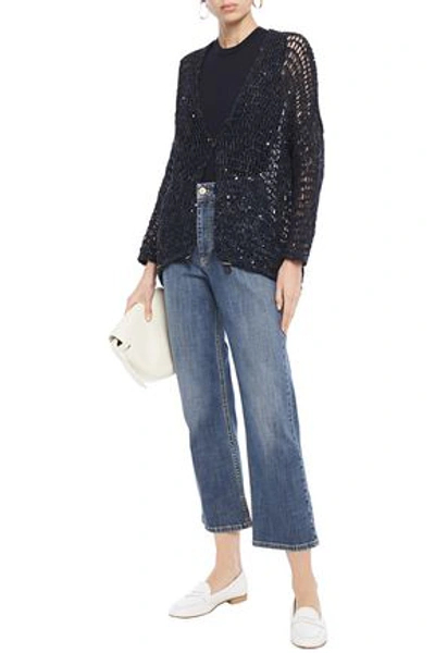 Brunello Cucinelli Sequin-embellished Open-knit Sweater In Navy