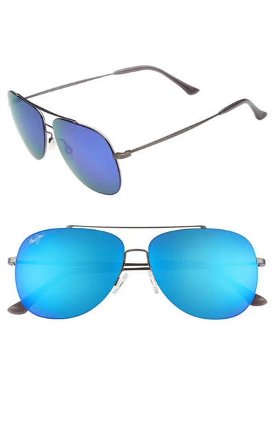 Maui Jim Men's Cinder Cone Polarized Mirrored Brow Bar Aviator Sunglasses, 58mm In Satin Dark Gunmetal/blue Hawaii