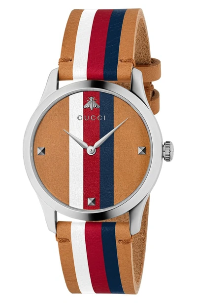 Gucci G-timeless Leather Strap Watch, 38mm In Brown/ White/ Silver