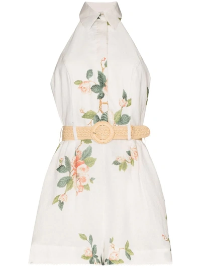 zimmermann kirra halter dress Halterneck Floral-print Linen Playsuit In Ivory Magnolia Halterneck dress