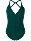 Rick Owens Halterneck Vertical Strap Swimsuit In Green