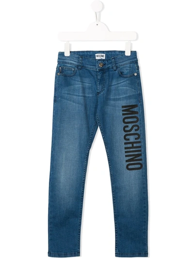 Moschino Kids' Mid Rise Stonewashed Jeans In Blue