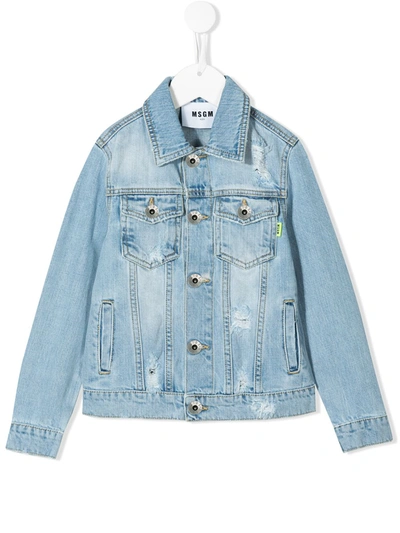 Msgm Teen Distressed Denim Jacket In Blue