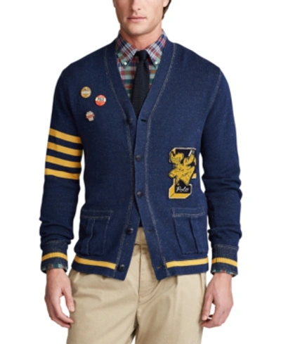Polo Ralph Lauren Letterman Cardigan Sweater In Navy Plaited