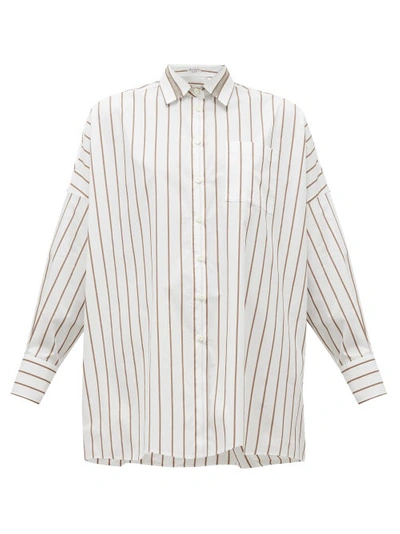 Brunello Cucinelli Bead-embellished Striped Cotton And Silk-blend Shirt In Ivory