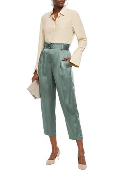 Brunello Cucinelli Cropped Belted Satin Tapered Pants In Grey Green