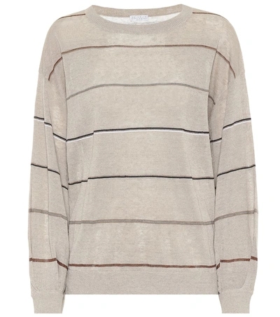 Brunello Cucinelli Metallic Striped Linen-blend Sweater In Beige