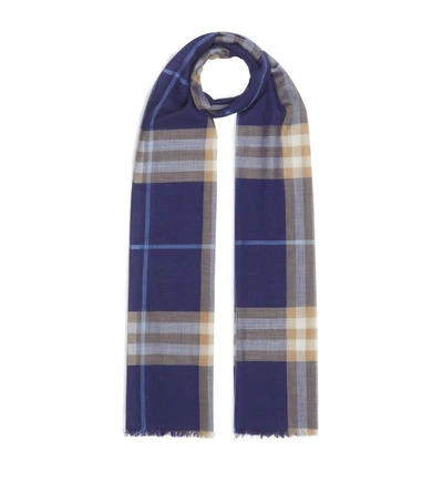Burberry Wool-silk Check Scarf In Inky Blue