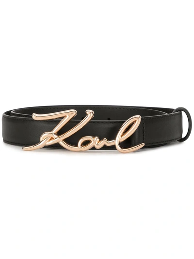 Karl Lagerfeld Cursive Logo Buckle Belt In Black