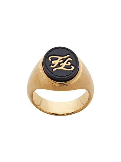 Fendi Karligraphy Motif Signet Ring In F18gy-burattato Gold +blac