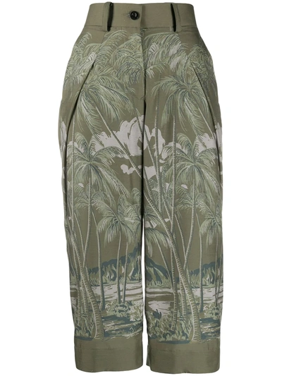 Sacai Cropped Length Palm Print Trousers In Green