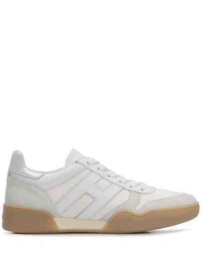 Hogan H357 Retro Leather Trainers In Silver,white