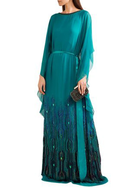 Jenny Packham Embellished Chiffon Gown In Teal