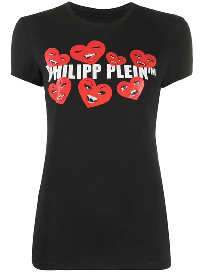 Philipp Plein Crew Neck Heart Print T-shirt In Black