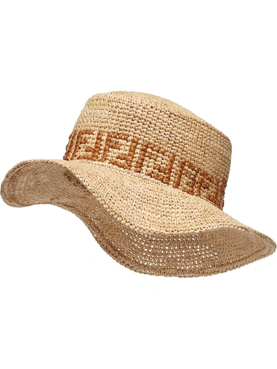 Fendi Contrasting Ff Motif Straw Hat In Natural