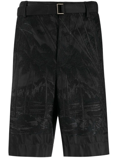 Sacai Belted Embroidered Bermuda Shorts In Black
