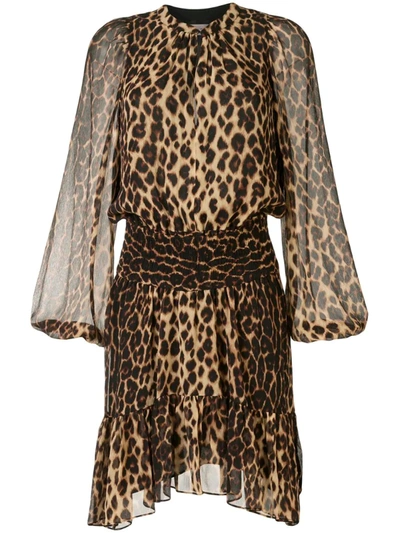 A.l.c Sidney Leopard Print Long Sleeve Silk Dress In Brown Multi