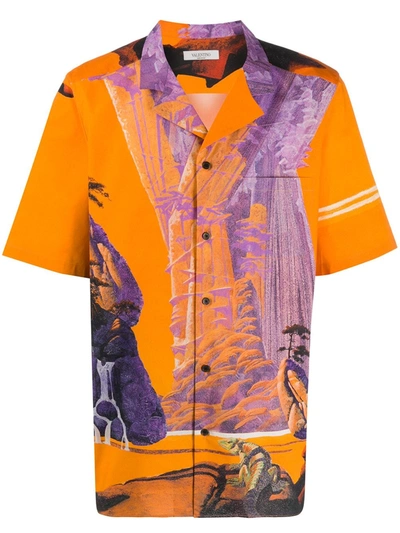 Valentino Yellow City Silk Short-sleeved Shirt In Multicolored