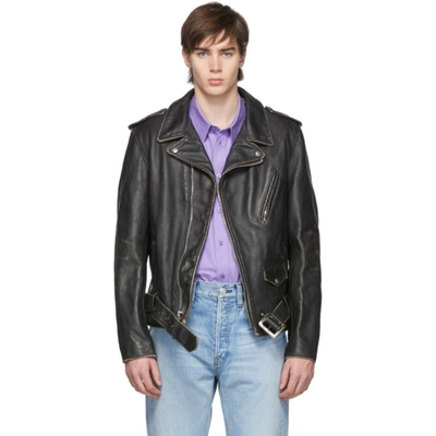 Schott Nyc Hand Vintaged Cowhide Leather Motorcycle Jacket In Black