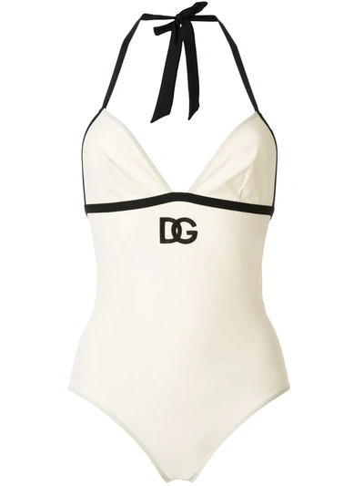 Dolce & Gabbana Embroidered Dg Logo Swimsuit In White