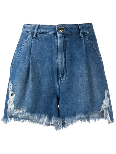 Pinko High-waisted Pleated Denim Shorts In Blue