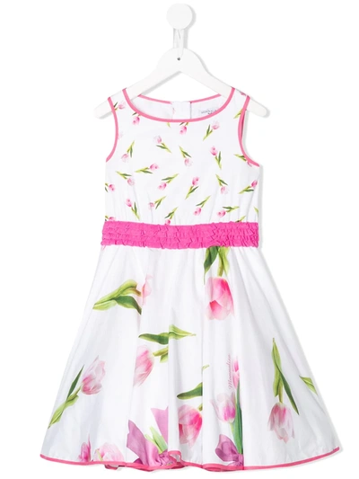 Monnalisa Kids' Floral Print Ruffled Waist Dress In White