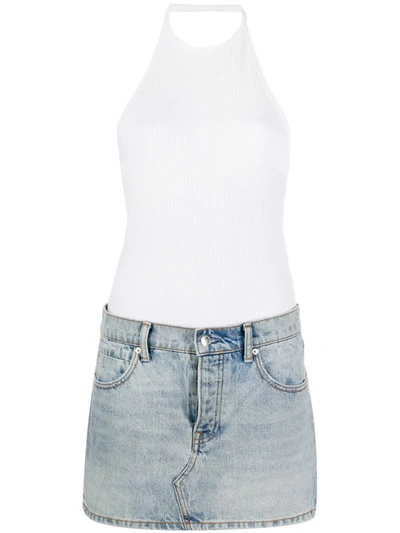 Alexander Wang Ribbed Cotton-jersey And Denim Halterneck Dress In Light Blue Indigo/white