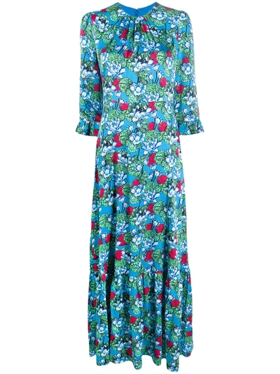 Mary Katrantzou Millais Floral-print Hammered Stretch-silk Satin Maxi Dress In Turquoise