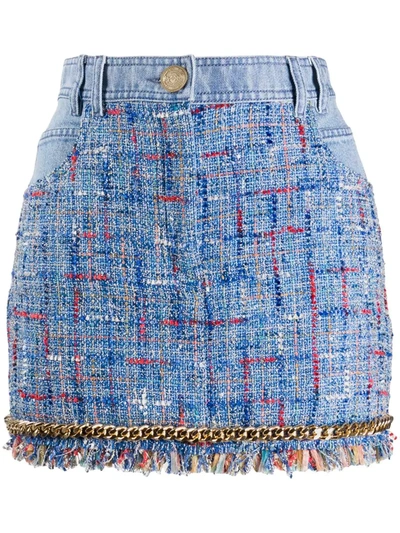 Balmain Chain-embellished Cotton-tweed And Denim Mini Skirt In Blue