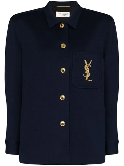Saint Laurent Logo Pocket Wool Blend Shirt Jacket In Navy