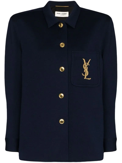 Jacket Ysl Navy Shirt Saint Laurent Logo Pocket Wool Blend Shirt