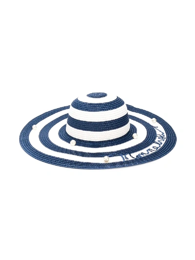Monnalisa Kids' Embellished Striped Wide Brim Hat In Blue