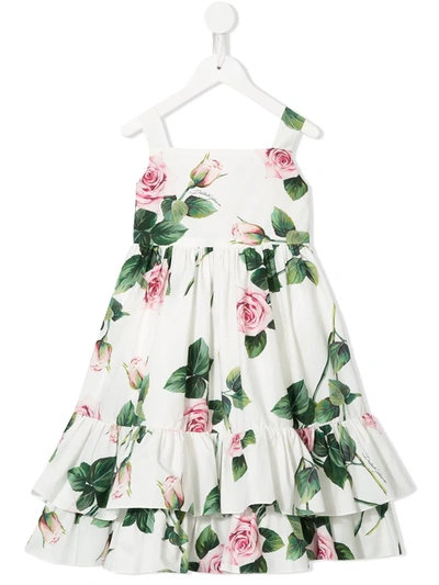 Dolce & Gabbana Kids' Rose Print Cotton Poplin Dress In White