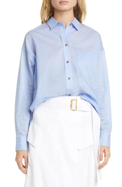 Vince Fine Stripe Boxy Long-sleeve Button-down Shirt In Aqua Bloom
