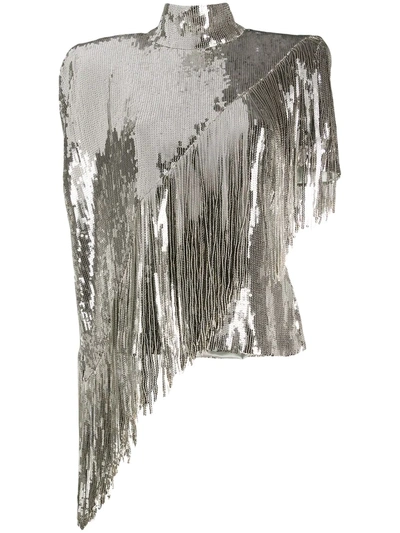 Balmain Asymmetric Fringed Stretch Sequin Top In Silver