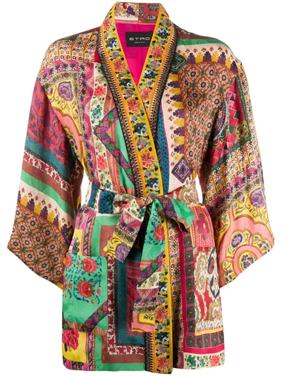 Etro Dalia Belted Printed Floral-jacquard Jacket In Fuchsia