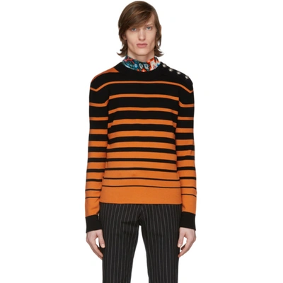 Paco Rabanne Buttoned-shoulder Striped Wool-blend Sweater In Black+orange