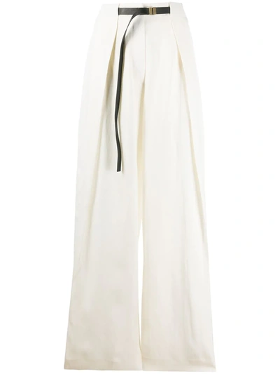 The Row Brona Belted Silk And Linen-blend Wide-leg Pants In White