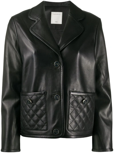 Sandro Shanon Quilted-pocket Leather Jacket In Black
