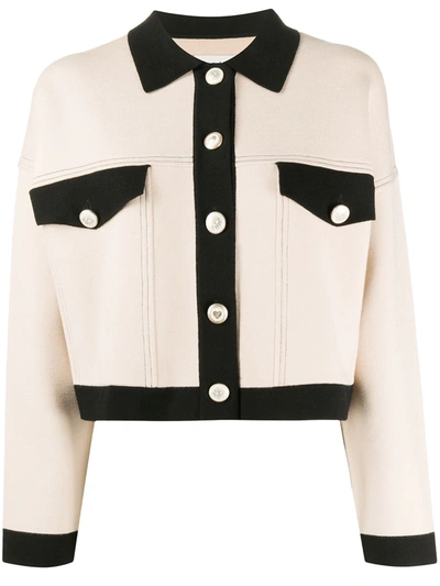 Sandro Cher Cropped Topstitching Cardigan In Nude